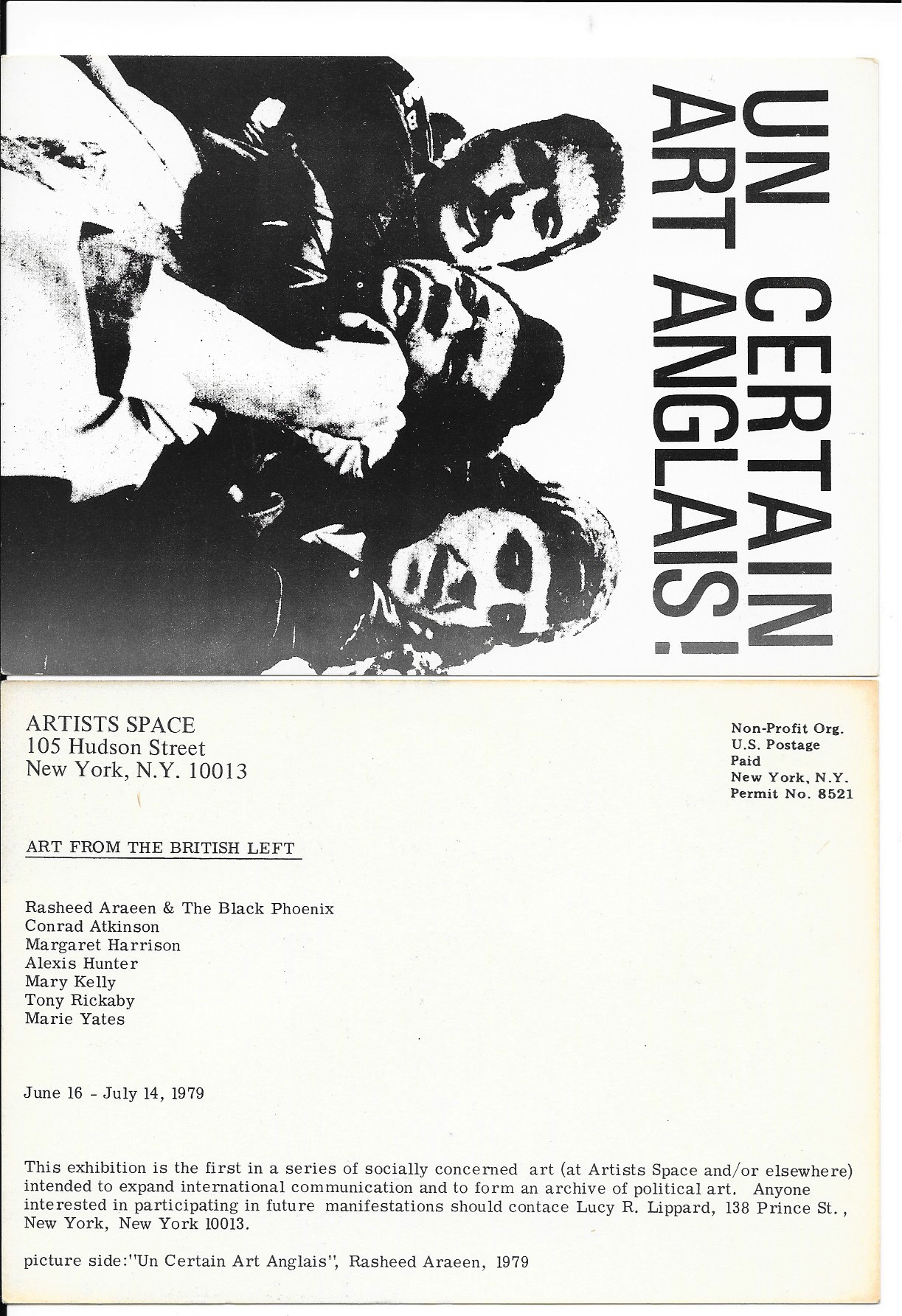 Invitation. The recto of two sides of a printed invitation is printed with text reading, “Un Certain Art Anglais!” above a black and white image of two white men subduing a Black man. The mailing side has information about the artists exhibited and dates.