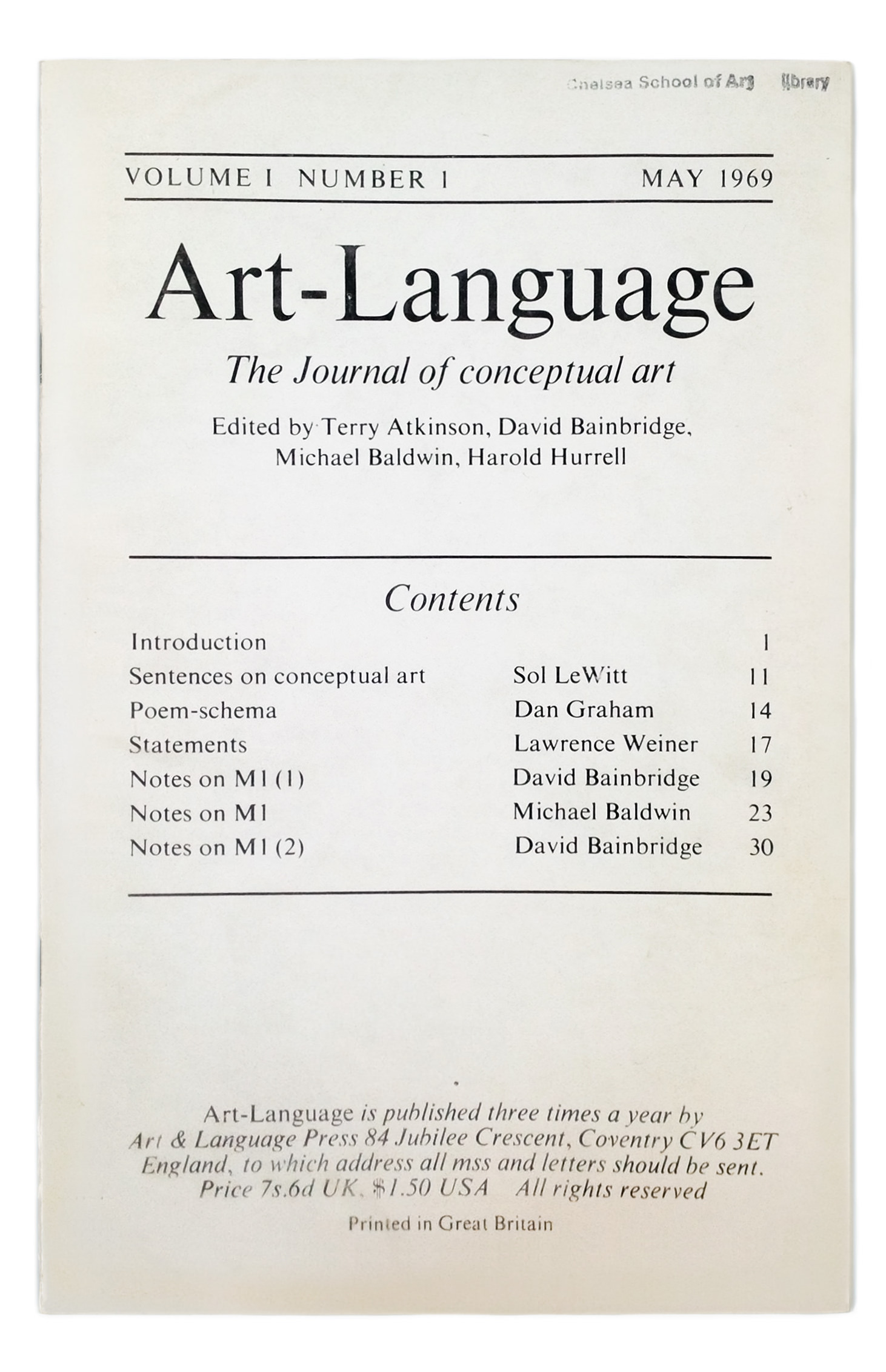 Cover of a journal. The title reads, “Art-Language The Journal of conceptual art”. Text above reads, “Volume 1 Number 1 May 1969” and text below, “Edited by Terry Atkinson, David Bainbridge, Michael Baldwin, Harold Hurrell”.